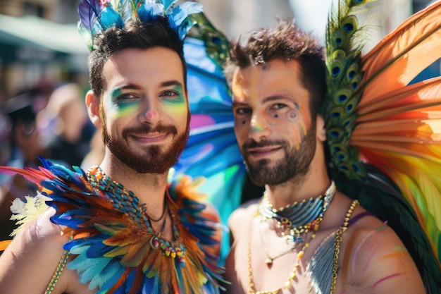 Pride-scene met regenboogkleuren en mannen die hun seksualiteit vieren