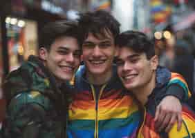 Gratis foto pride-scene met regenboogkleuren en mannen die hun seksualiteit vieren