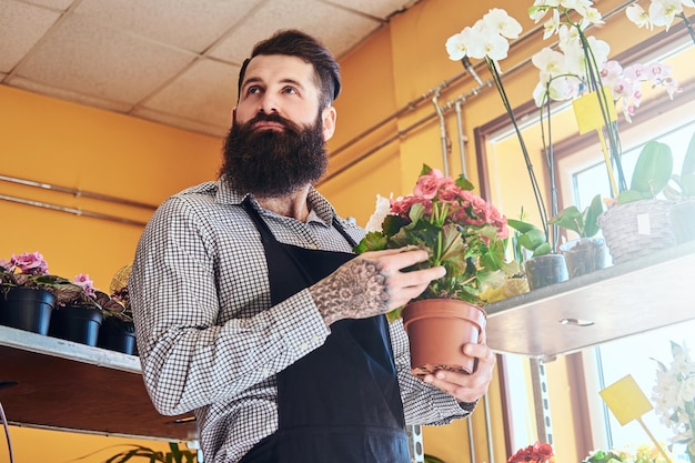 Professionele mannelijke bloemist met baard en tatoeage op zijn hand die uniform draagt, houdt de pot met een boeket bloemen in de bloemenwinkel.