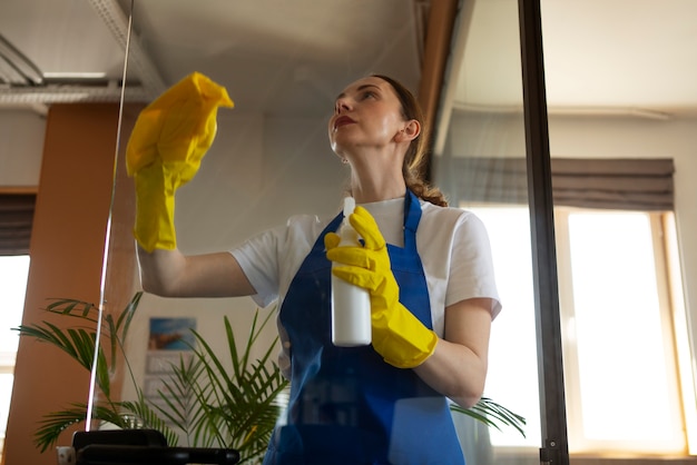 Professionele schoonmaakdienst persoon die kantoorraam schoonmaakt