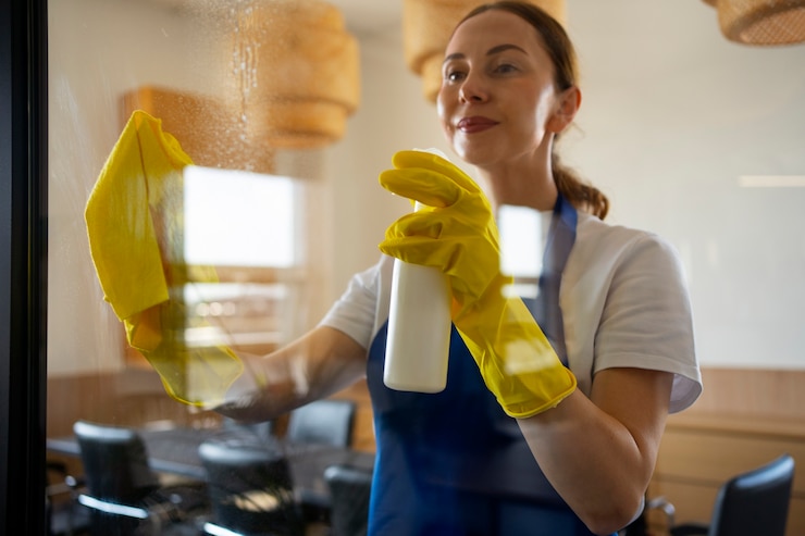 Gratis Foto professionele schoonmaakdienst persoon die kantoorraam schoonmaakt