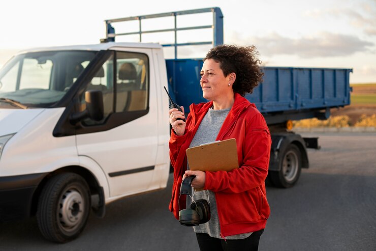 Gratis Foto professionele vrouwelijke chauffeur met bestelwagen of wagenwagen