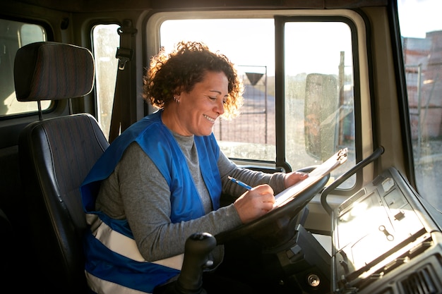 Professionele vrouwelijke chauffeur met bestelwagen of wagon