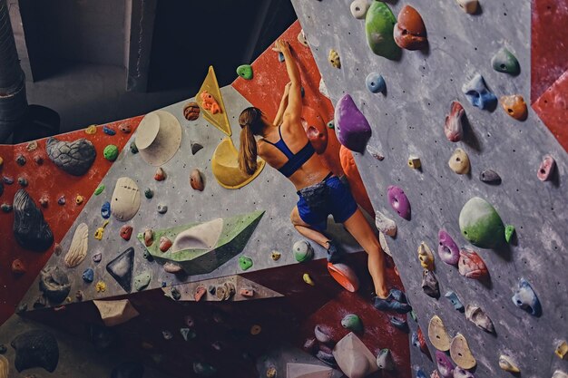 Professionele vrouwelijke klimmer op een bouldermuur binnenshuis.