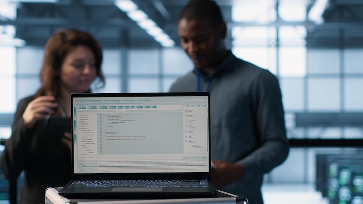 Gratis Foto programmeertaal op notebook gebruikt door it-experts in de serverruimte