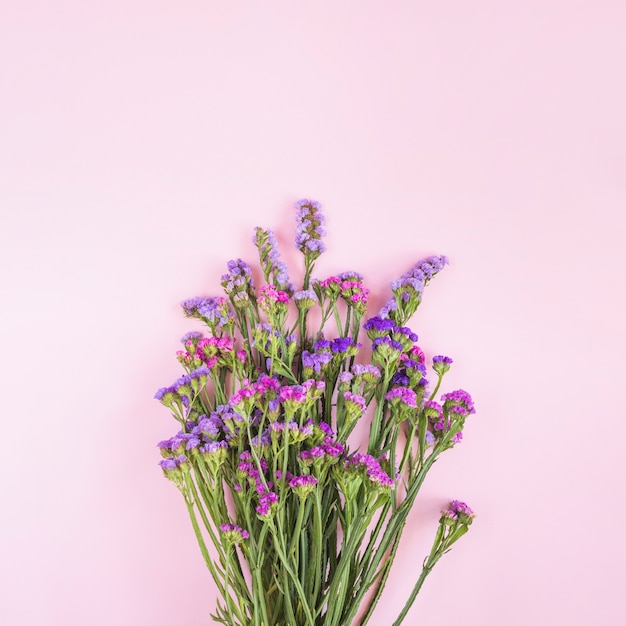 Purper en roze bloemboeket tegen roze achtergrond