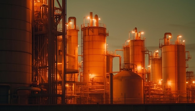 Gratis foto raffinaderij verlicht de schemering met door ai gegenereerde brandstofopslagtanks