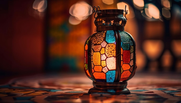Gratis Foto ramadan-lantaarn gloeiend met abstracte kleuren binnenshuis gegenereerd door ai