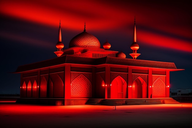 Gratis foto ramadan rode moskee met een grote koepel en verlichting aan de zijkanten