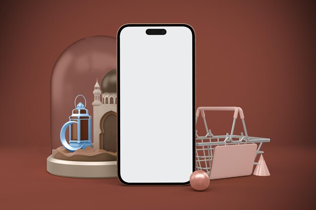 Ramadan Shopping-app met vooraanzicht van de telefoon