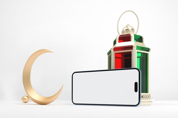 Ramadan Telefoon 14 Scherm en Lantaarn Rechterkant Op Witte Achtergrond