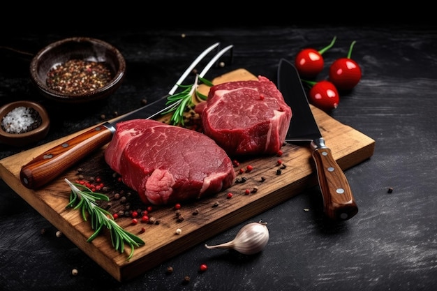 Gratis foto rauw vlees met kruiden en gebruiksvoorwerpen op een rustieke snijplank en donker hout ai generatief