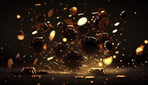 Realistische casino achtergrond met vliegende chips gouden munten en dobbelstenen AI