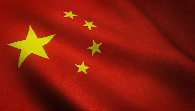 Realistische opname van de wapperende vlag van China met interessante texturen