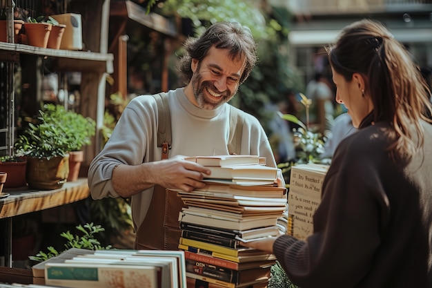 Realistische scène met boeken op een tuinverkoop in de buurt