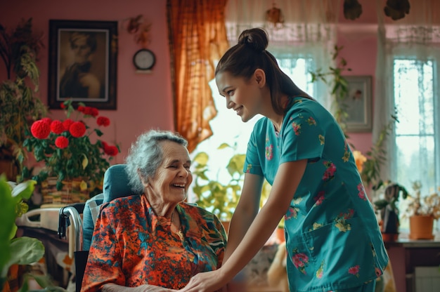 Realistische scène met een gezondheidswerker die voor een oudere patiënt zorgt