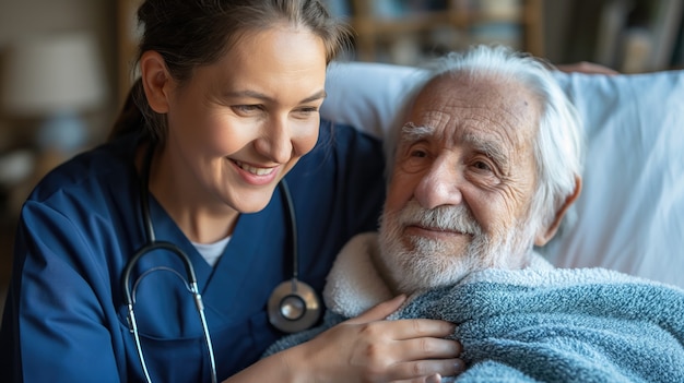 Realistische scène met een gezondheidswerker die voor een oudere patiënt zorgt