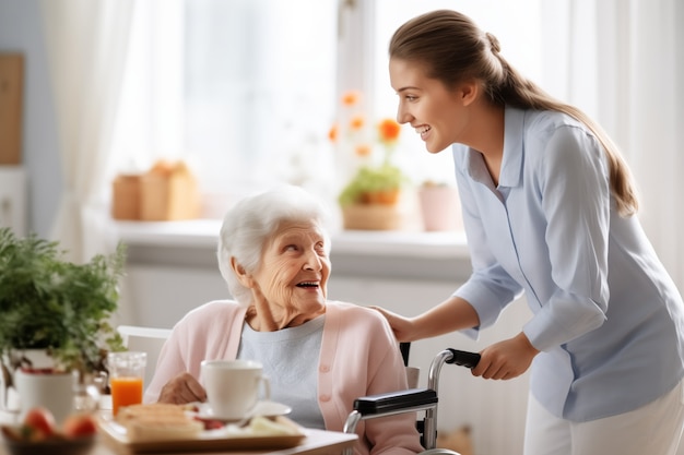 Realistische scène met een gezondheidswerker die voor een oudere patiënt zorgt