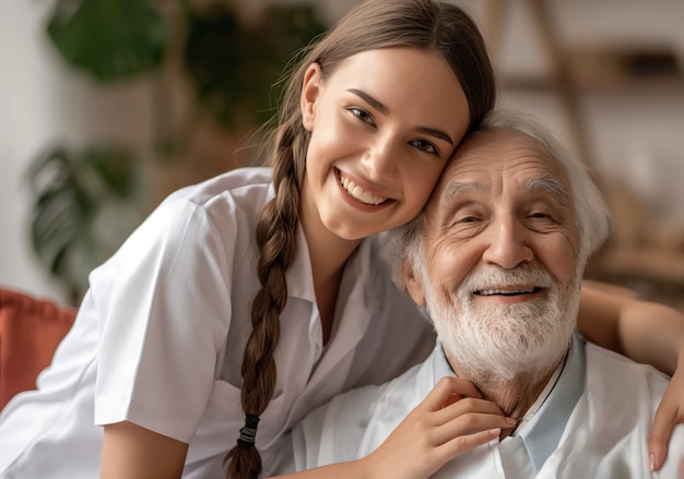 Realistische scène met een gezondheidswerker die voor een oudere patiënt zorgt