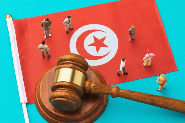 Rechter hamer vlag en plastic speelgoed mannen op blauwe achtergrond tunesische samenleving geschillen concept