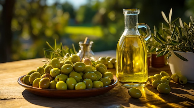 Gratis foto reclame-idee voor pure olijfolie van eerste persing en olijven op tafel, natuurlijke producten van een traditionele boerderij