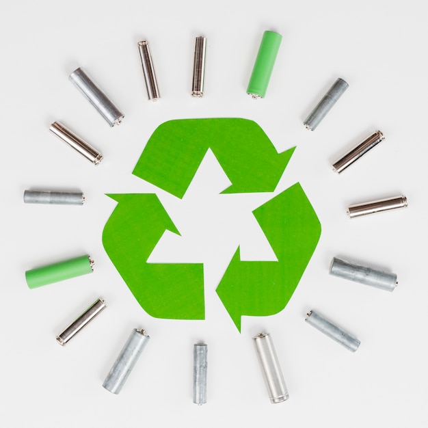 Recycleer het logo omringd door vuilnisbatterijen