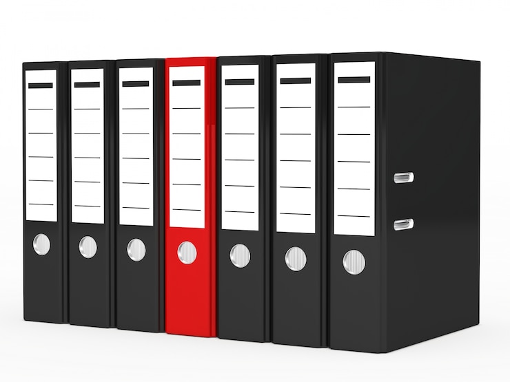 Gratis Foto red file omringd door zwarte bestanden