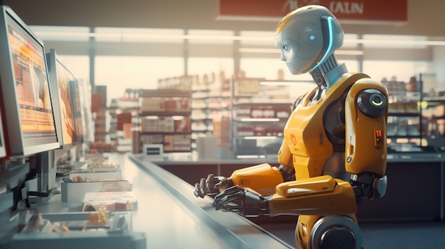 Gratis foto regelmatige menselijke baan uitgevoerd door antropomorfe futuristische robot