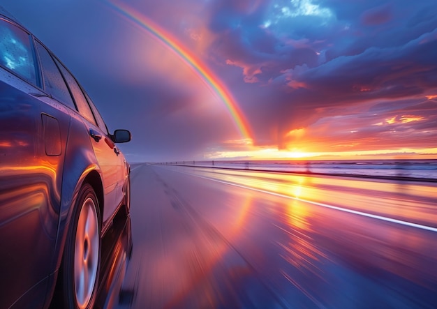 Regenboog aan het einde van een weglandschap