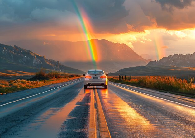 Regenboog aan het einde van een weglandschap