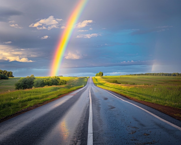 Regenboog aan het einde van een weglandschap