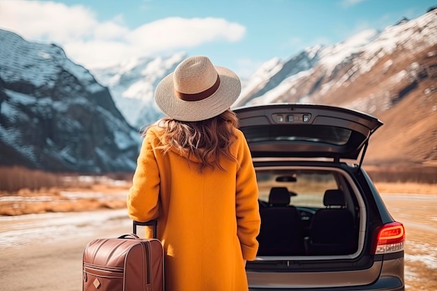 Gratis foto reizende vrouw naast haar auto die de besneeuwde bergen observeert