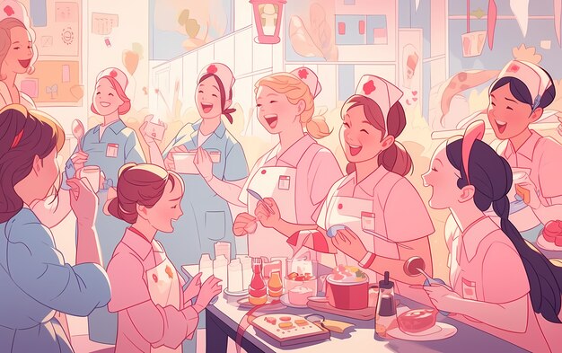 Rendering van anime dokters die een feestje houden