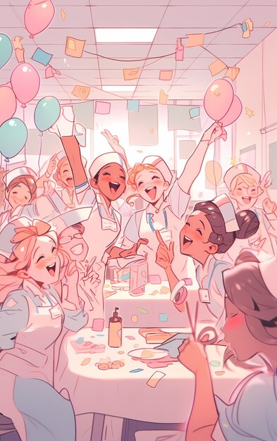 Rendering van anime dokters die een feestje houden