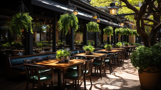 Gratis foto restaurantterras met zwarte en groene luifels