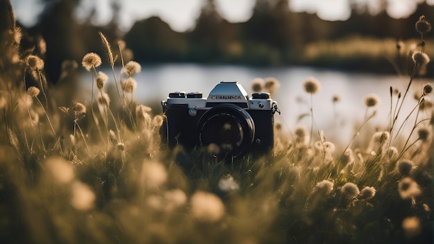 Gratis foto retro camera op het gras bij zonsondergang vintage filmcamera