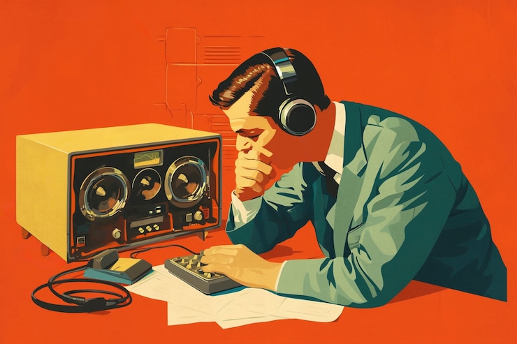 Gratis Foto retro digitale kunstillustratie van een persoon die radiotechnologie gebruikt