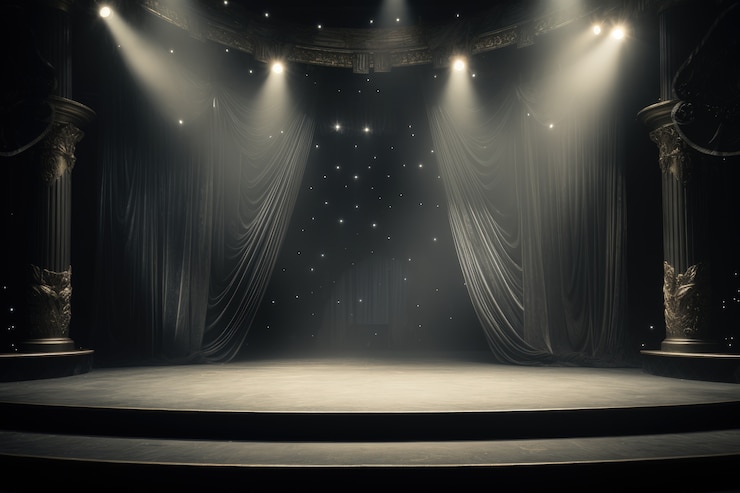 Gratis Foto retro wereldtheaterdagtaferelen met gordijnen en podium