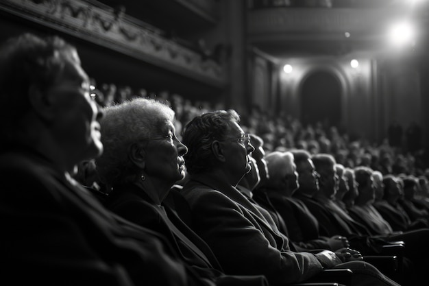 Retro wereldtheaterdagtaferelen met publiek dat in de kraampjes van een theater zit