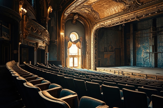 Gratis foto retro wereldtheaterdagtaferelen met stoelen en een decor
