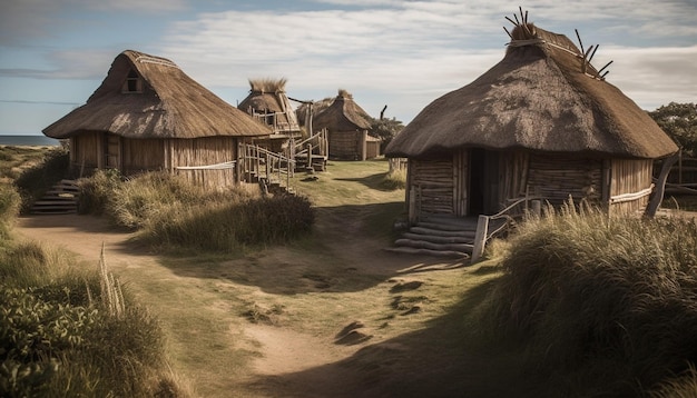 Rieten hut temidden van bergachtig afrikaans idyllisch landschap gegenereerd door ai