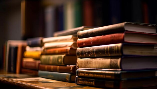 Rij oude schoolboeken vult antieke boekenplank gegenereerd door AI