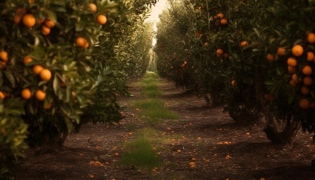 Rij van rijpe citrusbomen in zonsonderganggloed generatieve ai