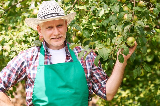 Rijpe mannelijke boer met appelboom