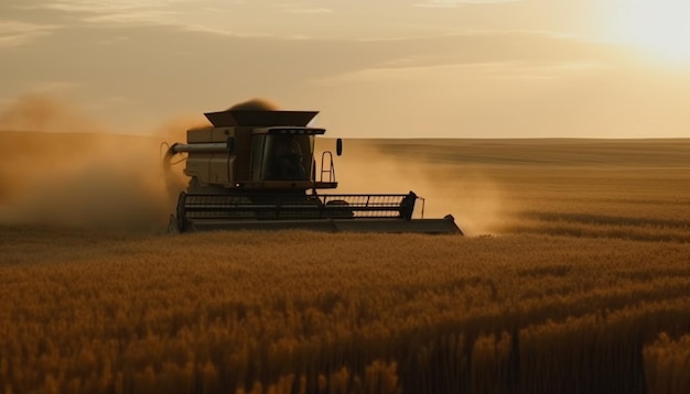 Rijpe tarwe geoogst bij zonsondergang met machines gegenereerd door ai