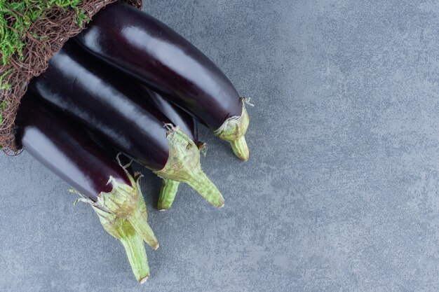 Rijpe verse aubergines op tuinvaas.