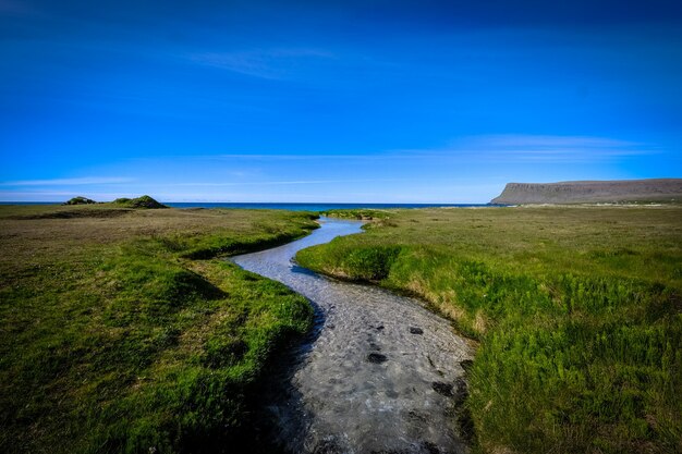 Rivier in het midden van een grasveld onder een heldere blauwe hemel