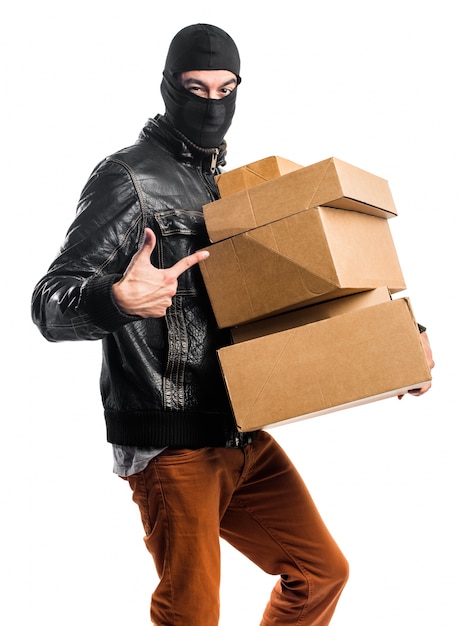 Robber holding boxes