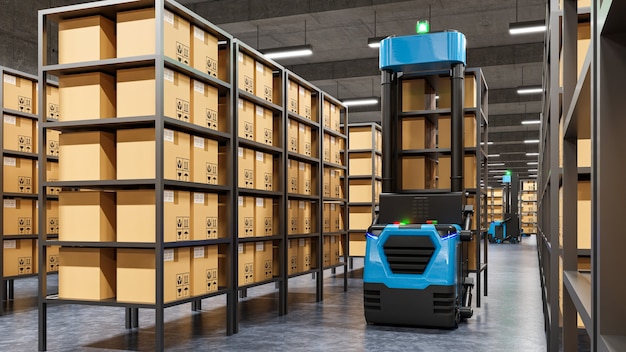 Robot forklift sorteert efficiënt honderden pakketten per uuragv3d rendering