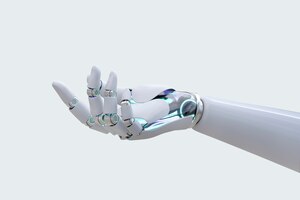 Robot hand zijaanzicht achtergrond, technologie gebaar presenteren